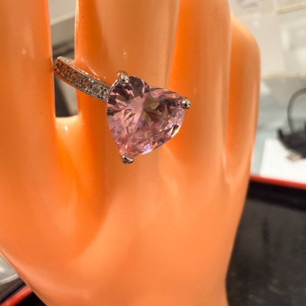 Heart Cut Pink Cubic Zirconia Ring With Accents In Silver Tone 7 - Picture 11 of 12